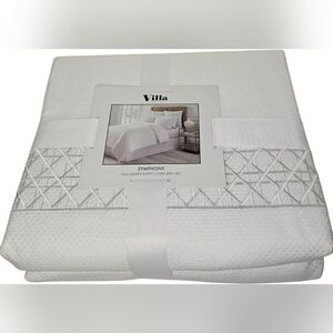 Cotton Minimalist White Full/Queen Basketweave Embroidery Duvet Set New